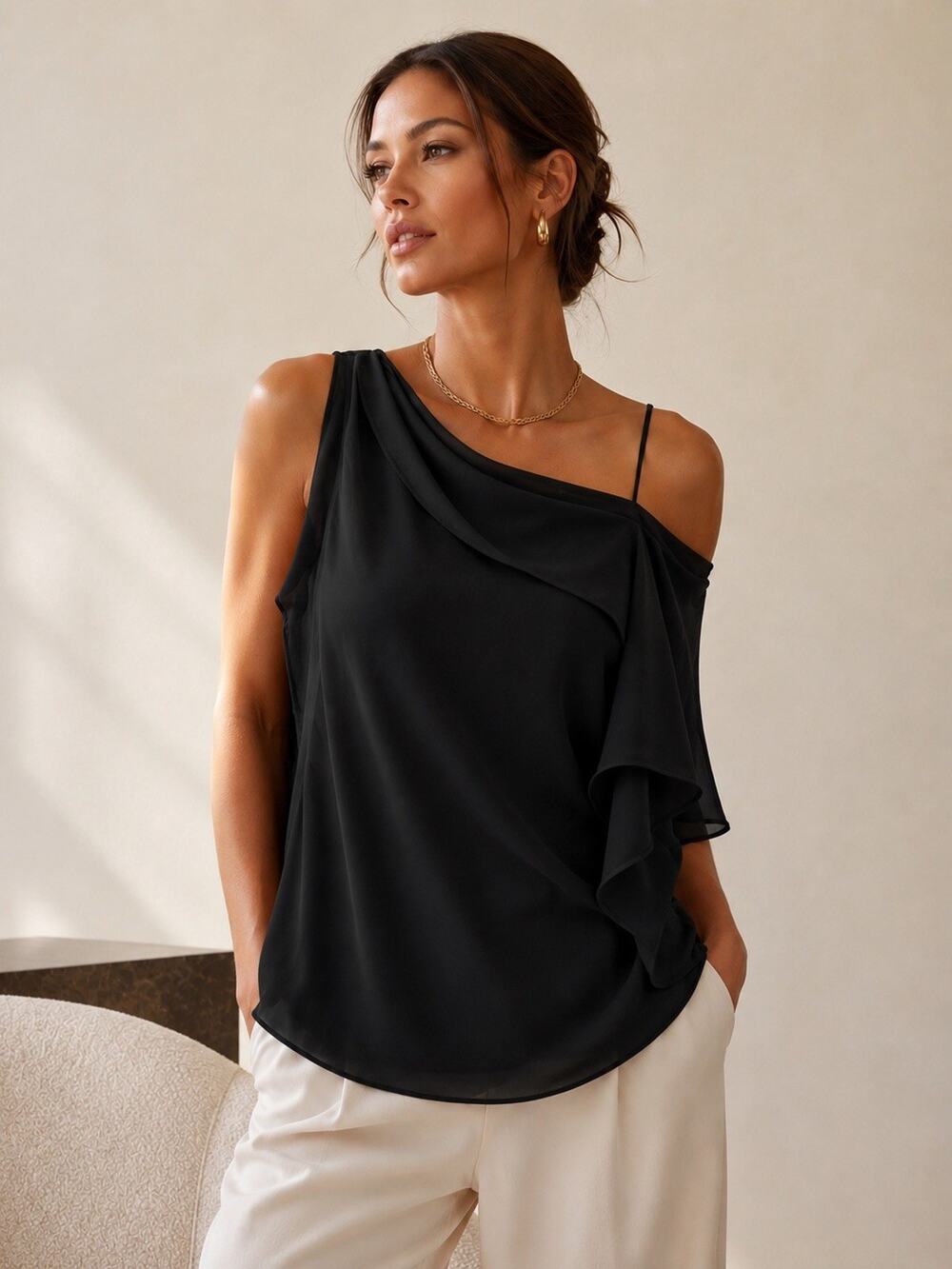 Y2K Trouve Black One Shoulder Top Evening Asymmetrical Hem Flowy Drape Feminine